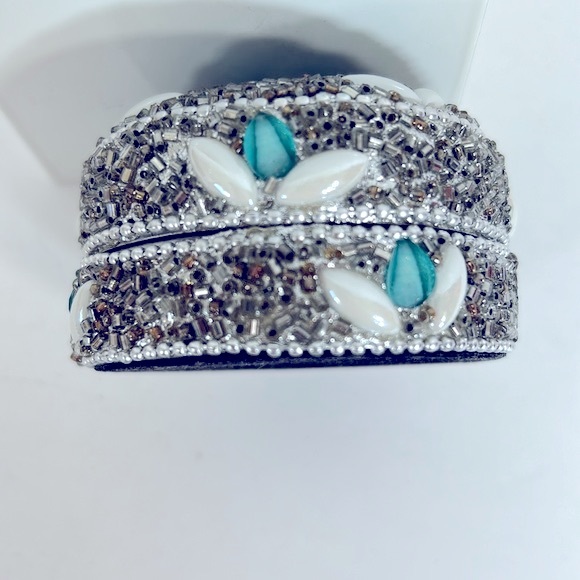 Handmade Bedazzled Silver Beaded Round Dome Trinket Box Jewelry Storage Case - Picture 5 of 10